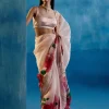Blush Pink And Red Silk Organza Hand-Painted Embroidered Sari