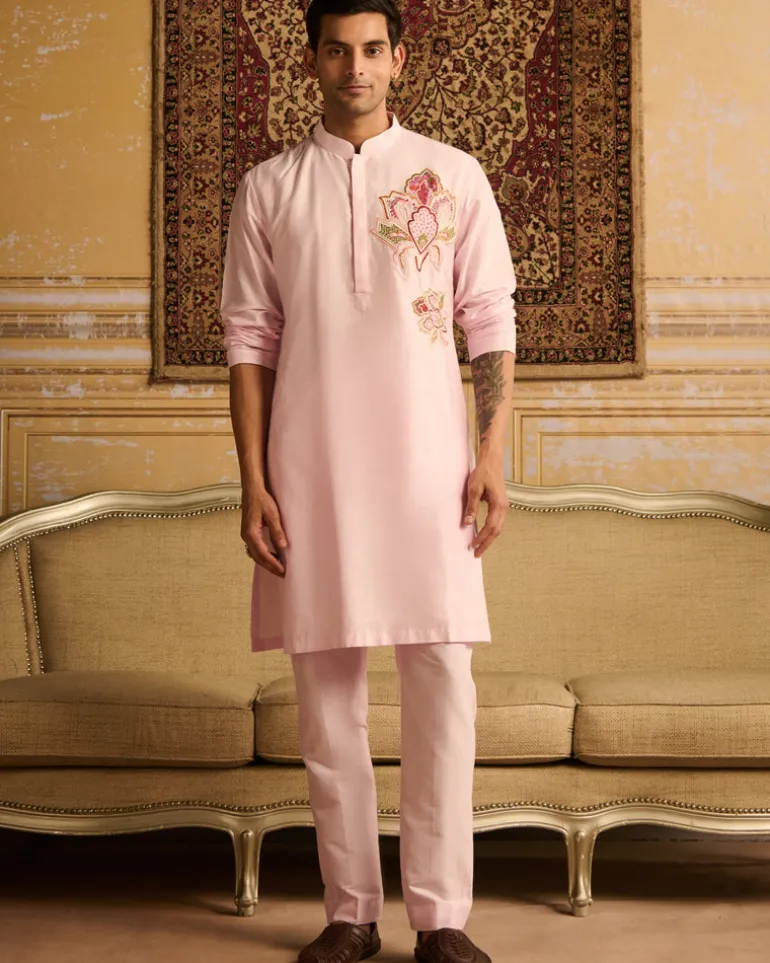 Blush Pink Big Floral Embroidered Kurta With Blush Pink Pants