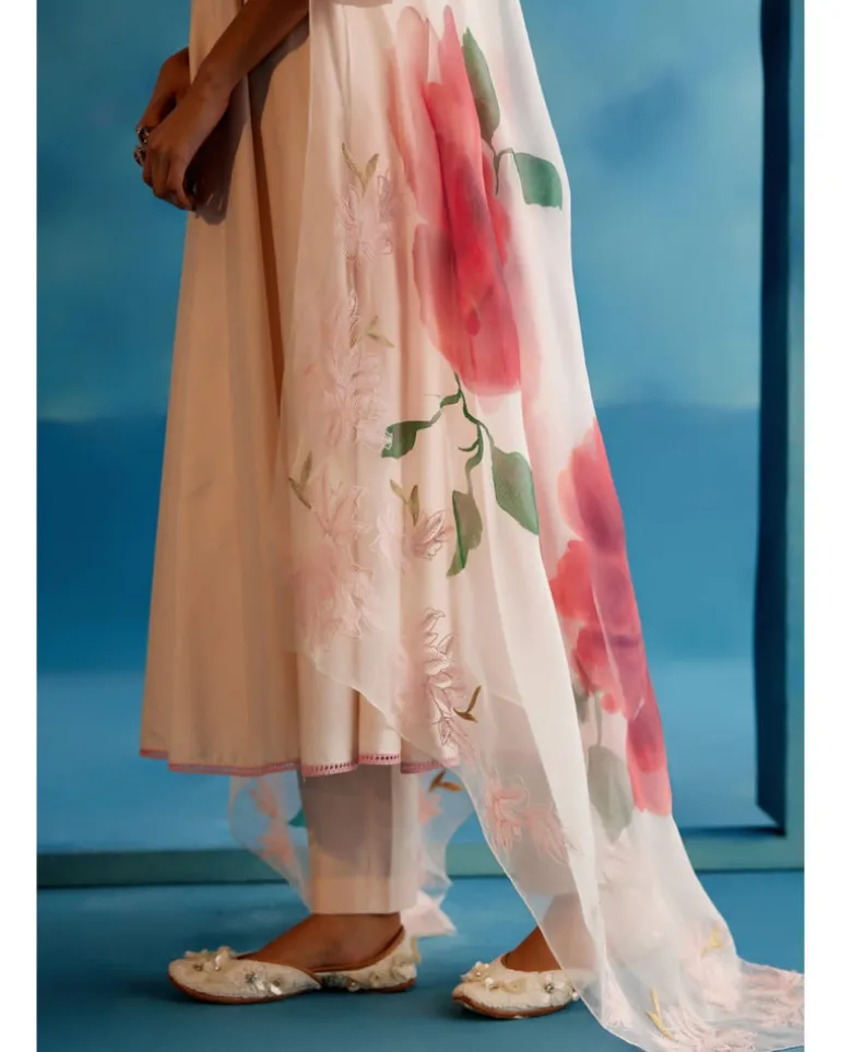 Blush Pink Cotton Silk Blend Hand-Painted Anarkali Set