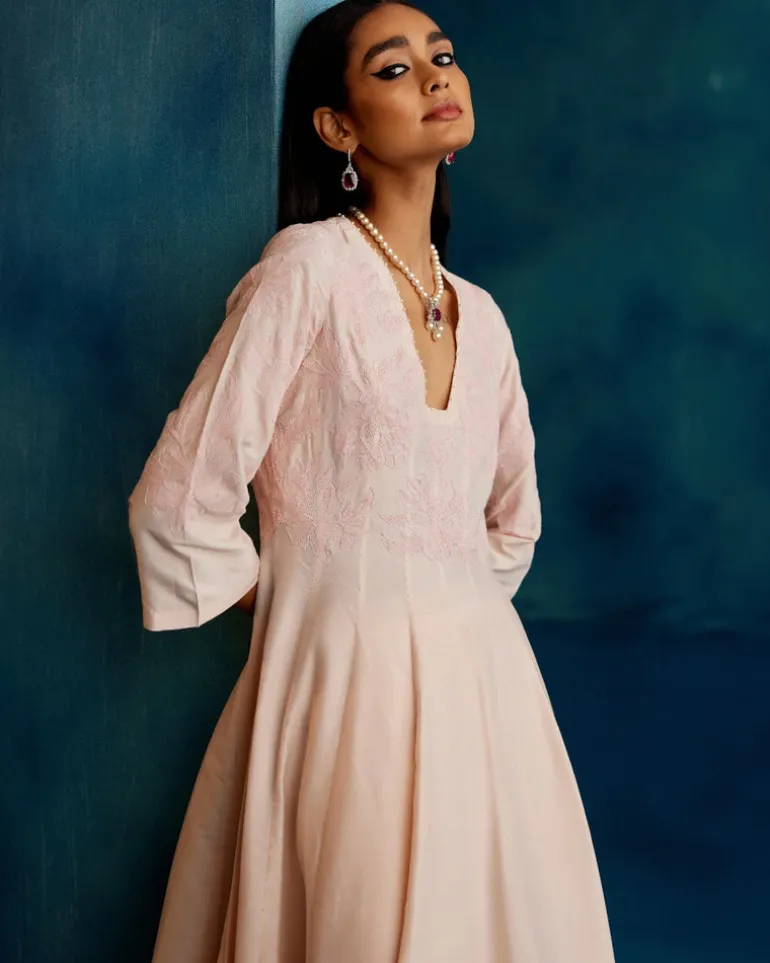 Blush Pink Cotton Silk Blend Hand-Painted Anarkali Set