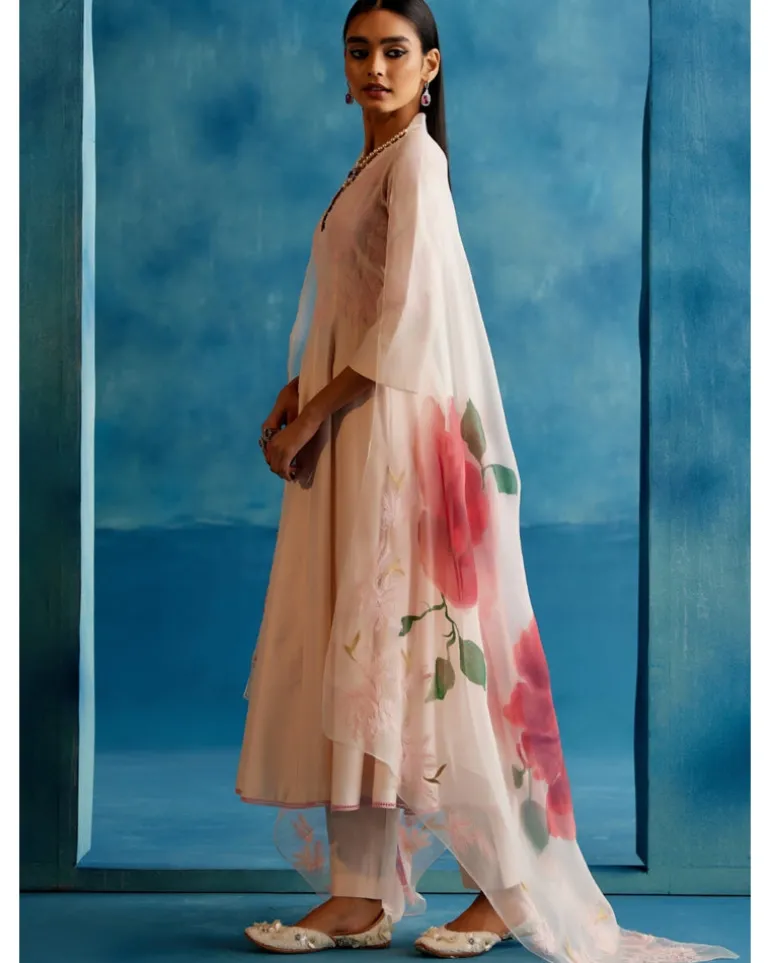 Blush Pink Cotton Silk Blend Hand-Painted Anarkali Set