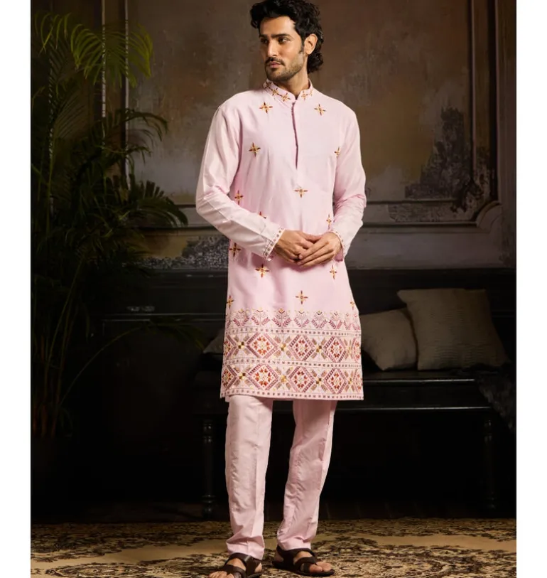 Blush Pink Cutdana & Thread Mix Trible Embroidered Kurta Paired With Blush Pink Pants