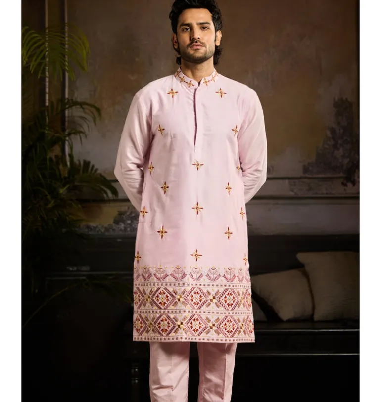 Blush Pink Cutdana & Thread Mix Trible Embroidered Kurta Paired With Blush Pink Pants