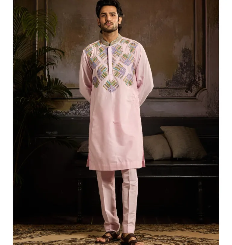 Blush Pink Cutdana & Zari Fan Butta Embroidered Kurta Paired With Blush Pink Pants