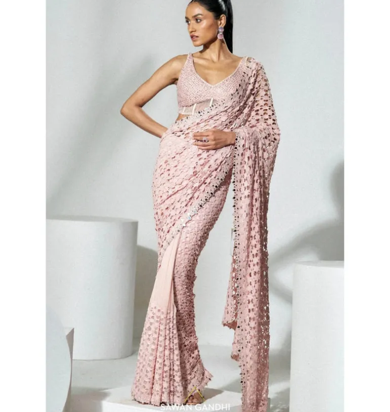Blush Pink Cutdana Cutwork Sari Set