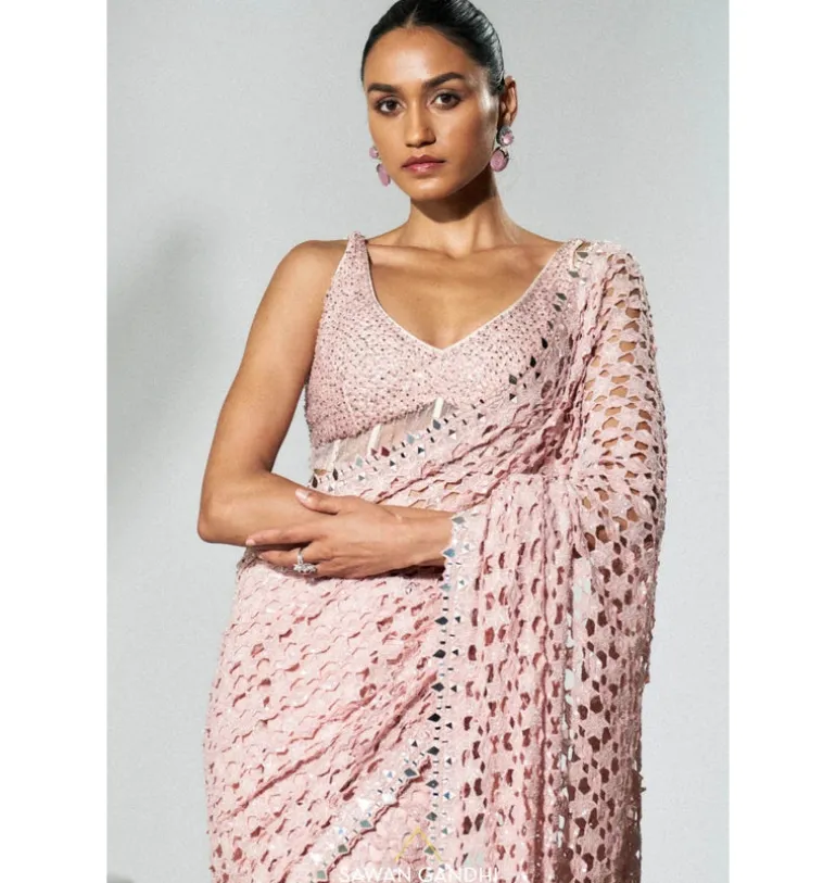 Blush Pink Cutdana Cutwork Sari Set