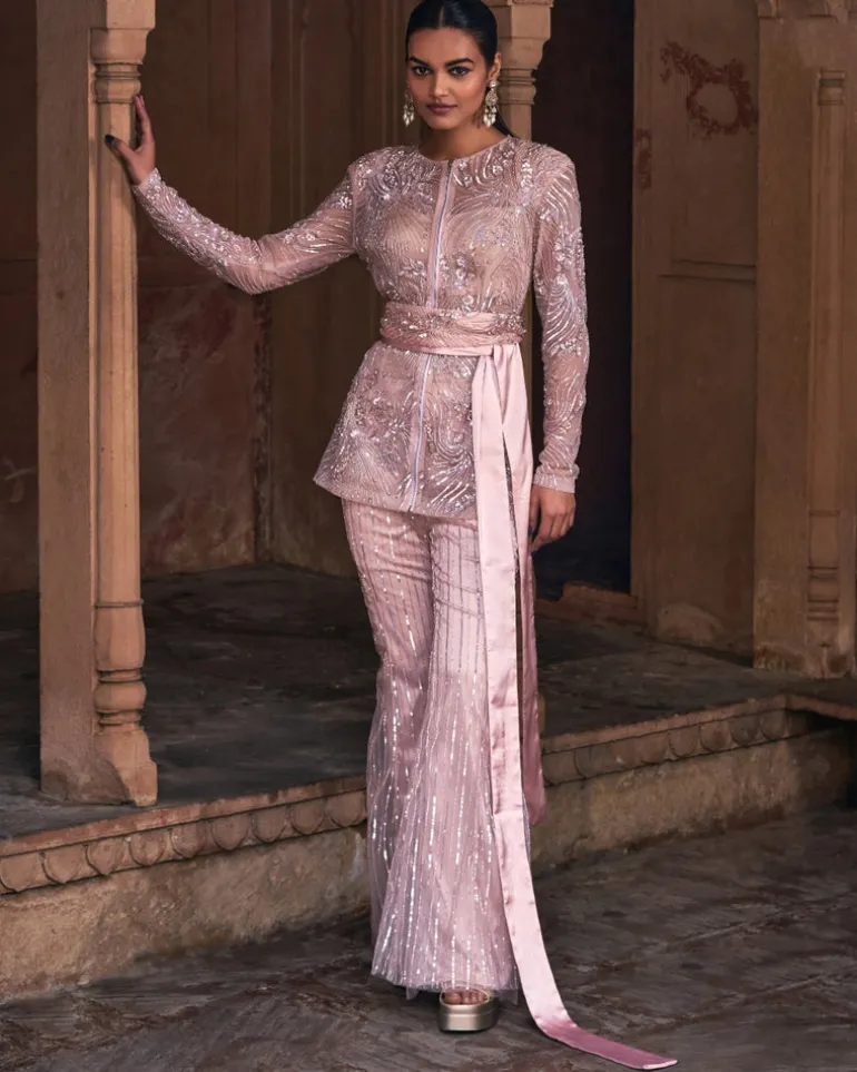 Blush Pink Embroidered Jacket Set