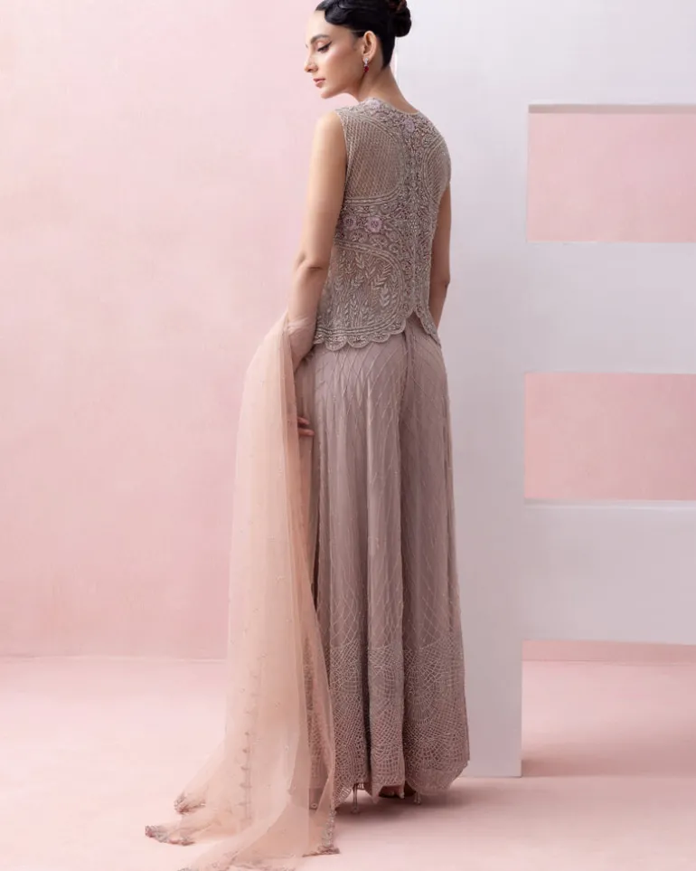 Blush Pink Scalloped Jacket With Grid Work Sharara Set