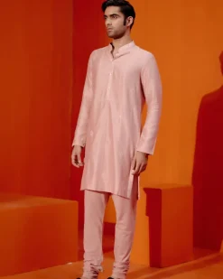 Blush Pink Self Embroidered Chanderi Kurta Set
