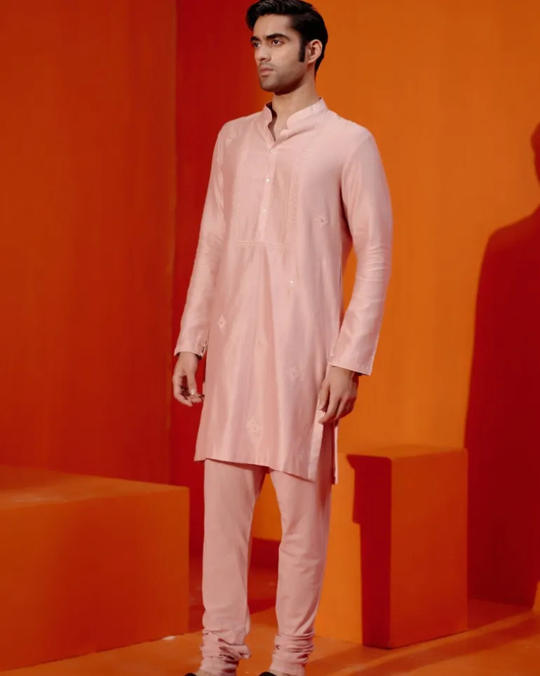 Blush Pink Self Embroidered Chanderi Kurta Set