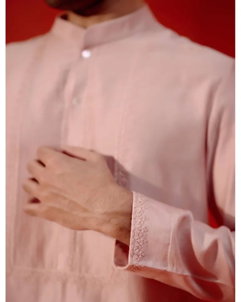 Blush Pink Self Embroidered Chanderi Kurta Set