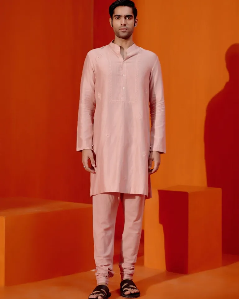 Blush Pink Self Embroidered Chanderi Kurta Set