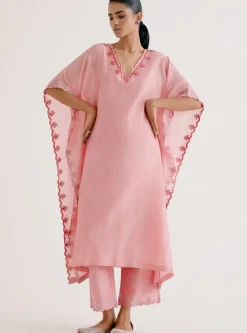 Blush Pink Silk Chanderi Dori Embroidered Kaftan Set