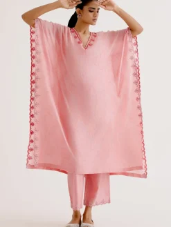 Blush Pink Silk Chanderi Dori Embroidered Kaftan Set