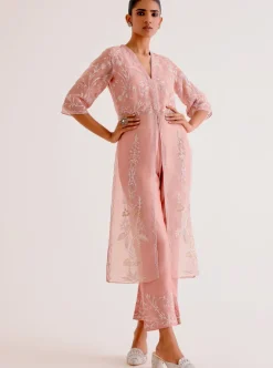 Blush Pink Silk Organza Embroidered Kurta Set