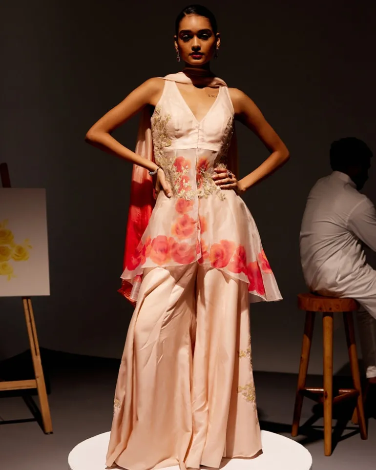 Blush Pink Silk Organza Hand-Painted Embroidered Sharara Set