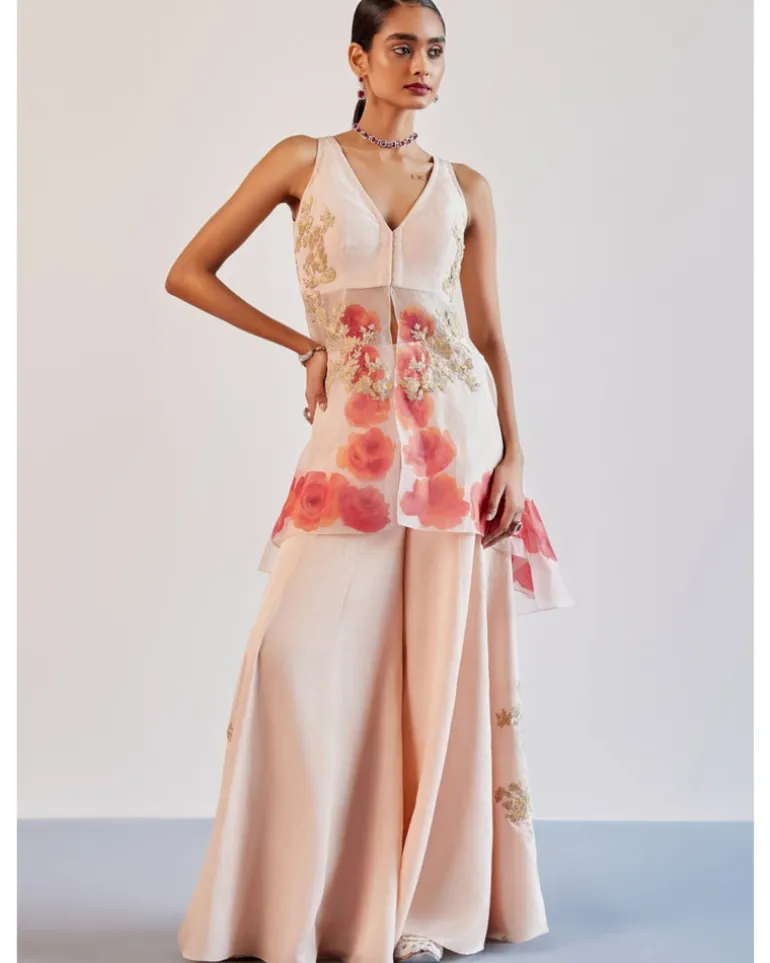 Blush Pink Silk Organza Hand-Painted Embroidered Sharara Set