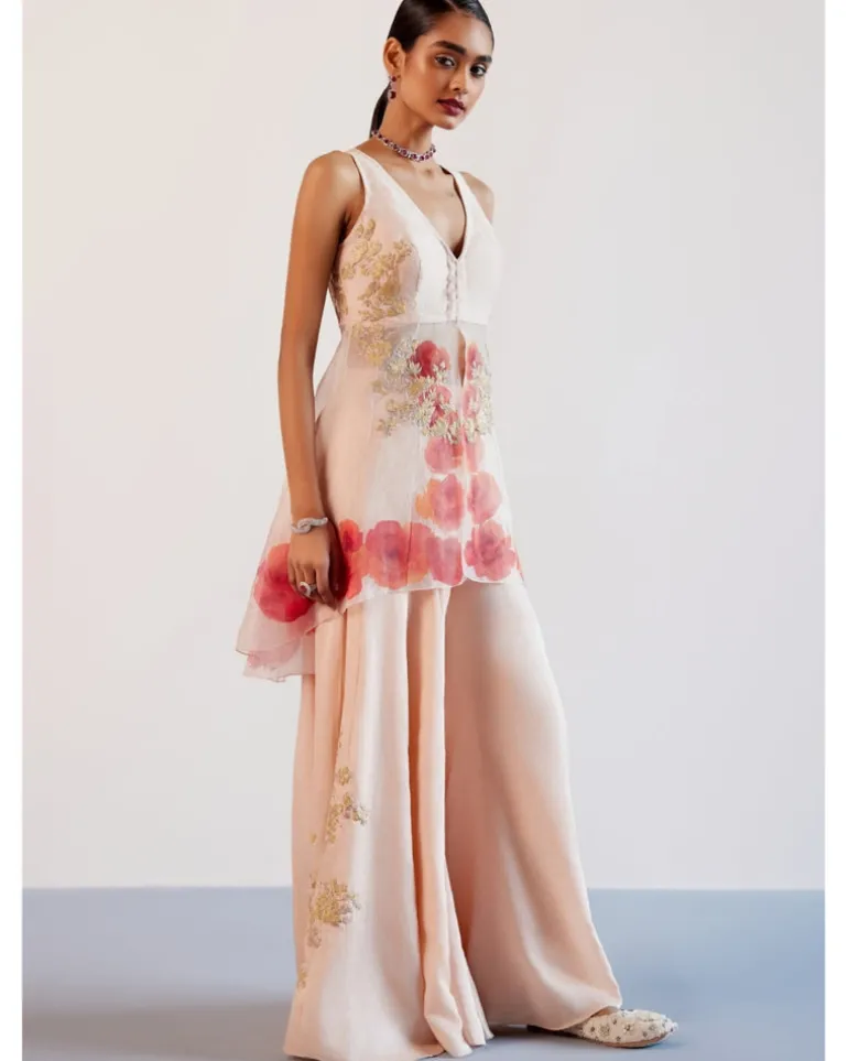 Blush Pink Silk Organza Hand-Painted Embroidered Sharara Set