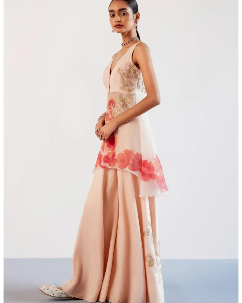 Blush Pink Silk Organza Hand-Painted Embroidered Sharara Set