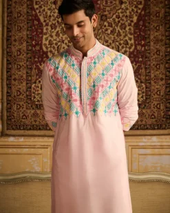 Blush Pink With Thread & Cutana Mix Floral & Geometric Embroidered Kurta With Blush Pink Pants