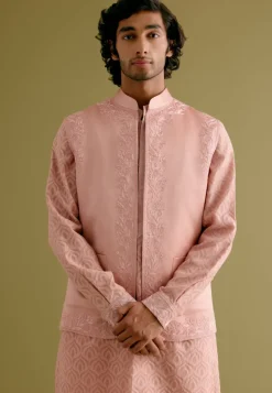 Blush Pink Woven Kurta Set With Dori Embroidered Bandi
