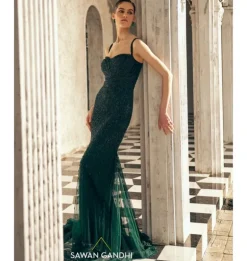 Bottle Green Crystal Swarosvki Gown