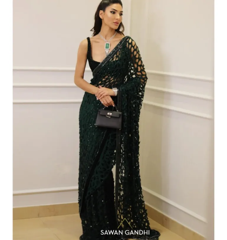 Bottle Green Cutwork Sari Set