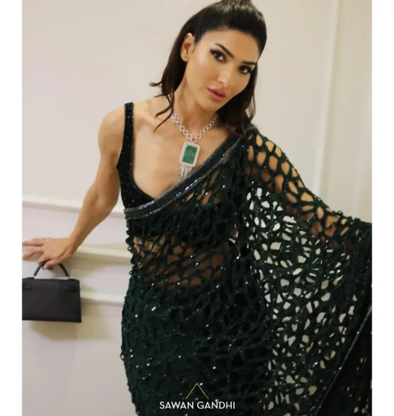 Bottle Green Cutwork Sari Set