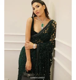 Bottle Green Cutwork Sari Set