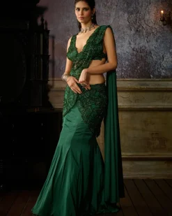 Bottle Green Embroidered Mermaid Sari Set