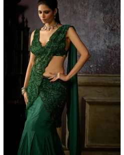 Bottle Green Embroidered Mermaid Sari Set