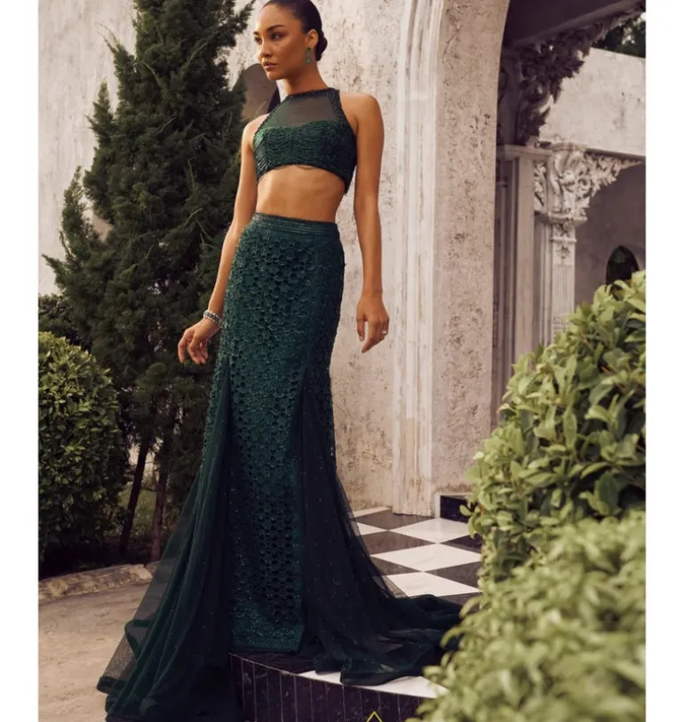 Bottle Green Fishcut Cutwork Lehenga Set
