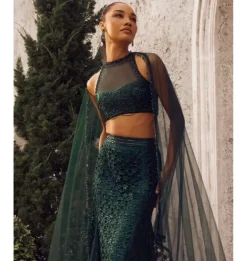 Bottle Green Fishcut Cutwork Lehenga Set