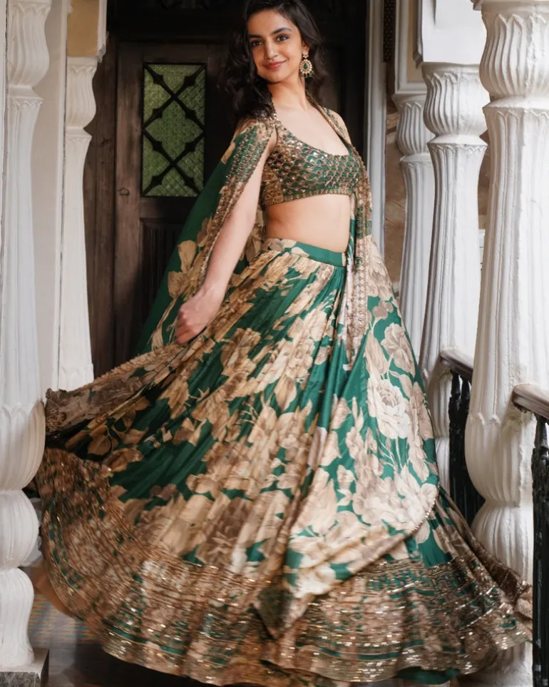 Bottle Green Floral Lehenga Set