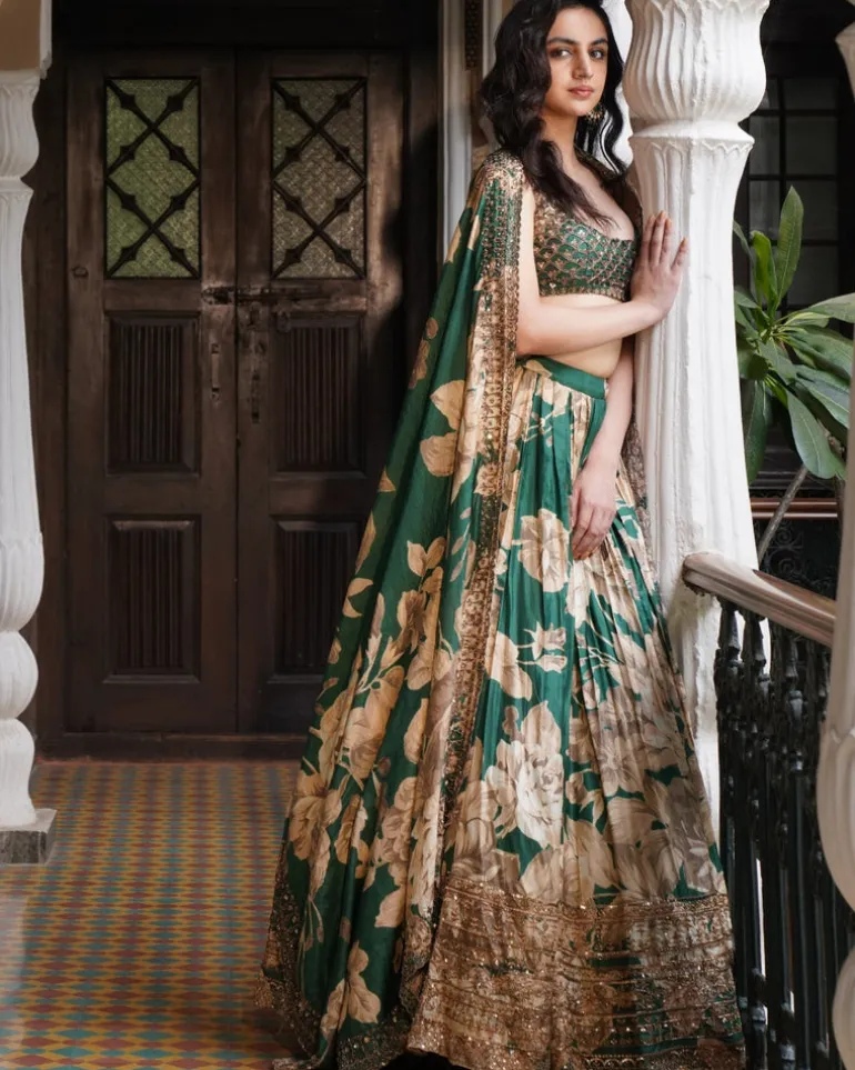 Bottle Green Floral Lehenga Set