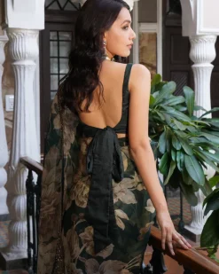 Bottle Green Floral Sari Set
