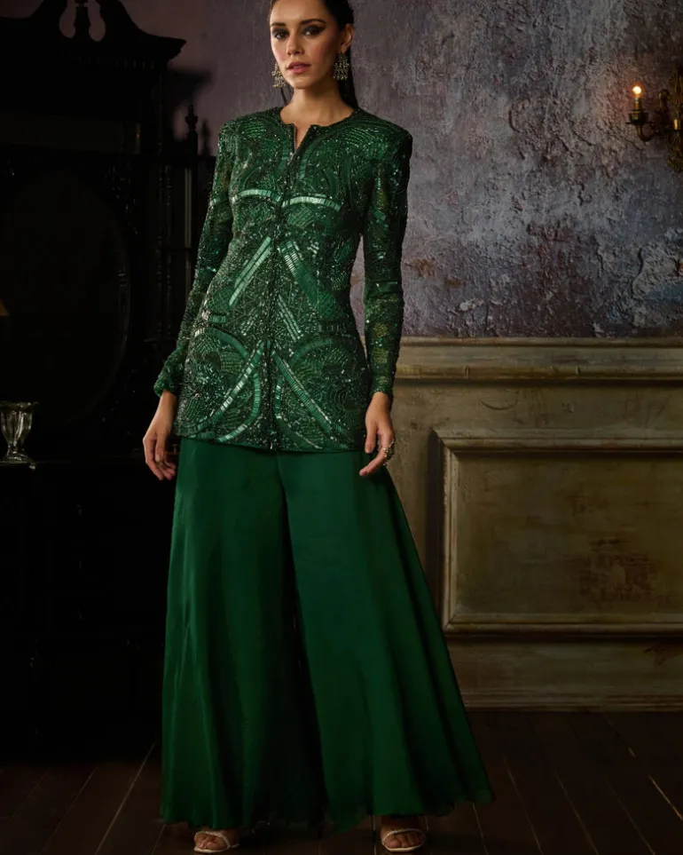 Bottle Green Fully Embroidered Jacket With Solid Pants