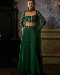 Bottle Green Fully Embroidered Blouse And Organza Sharara Set