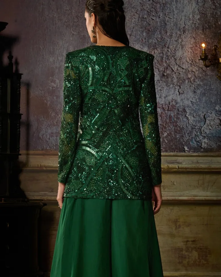 Bottle Green Fully Embroidered Jacket With Solid Pants