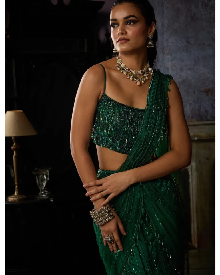 Bottle Green Mermaid Pre Draped Skirt Sari