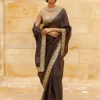 Brown Beige Gold Embroidered Organza Sari Set