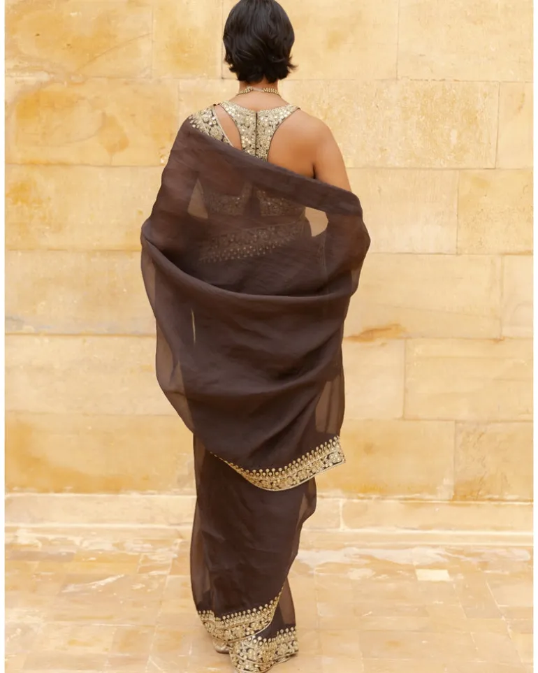 Brown Beige Gold Embroidered Organza Sari Set