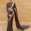 Brown Sequin Beige Gold Self Embroidered Sari Set