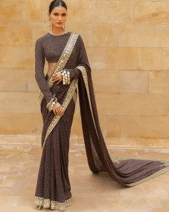 Brown Sequin Beige Gold Self Embroidered Sari Set