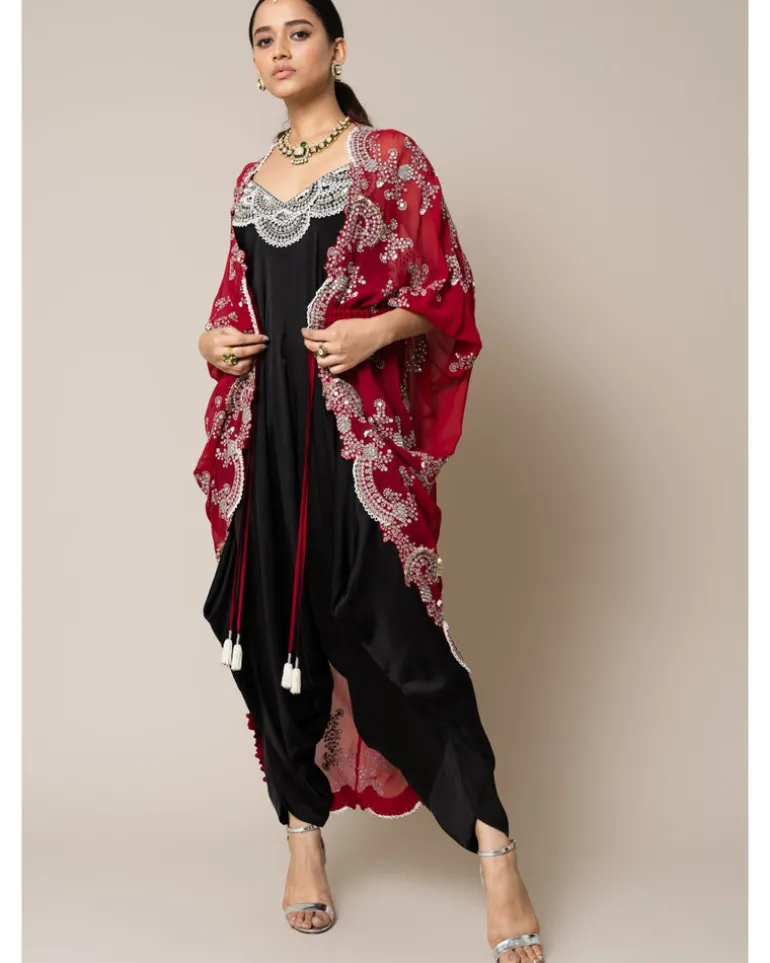Burgundy & Black Gather Kite & Jumpsuit Set