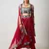 Burgundy Hand Embroidered Dupatta Cape & Cowl Skirt Set