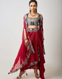Burgundy Hand Embroidered Dupatta Cape & Cowl Skirt Set