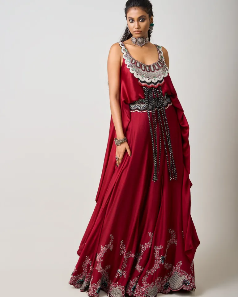 Burgundy Hand Embroidered Singlet With Lehenga Set