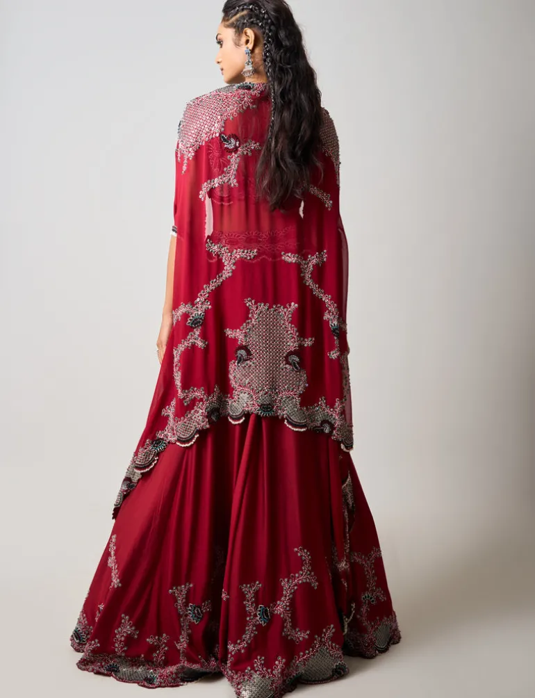 Burgundy Hand Embroidered Dupatta Cape & Lehenga Set