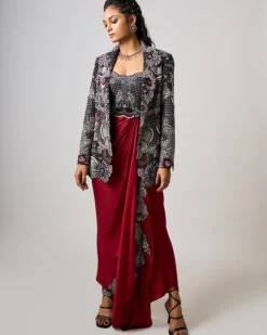 Burgundy Hand Embroidered Bustier Dress